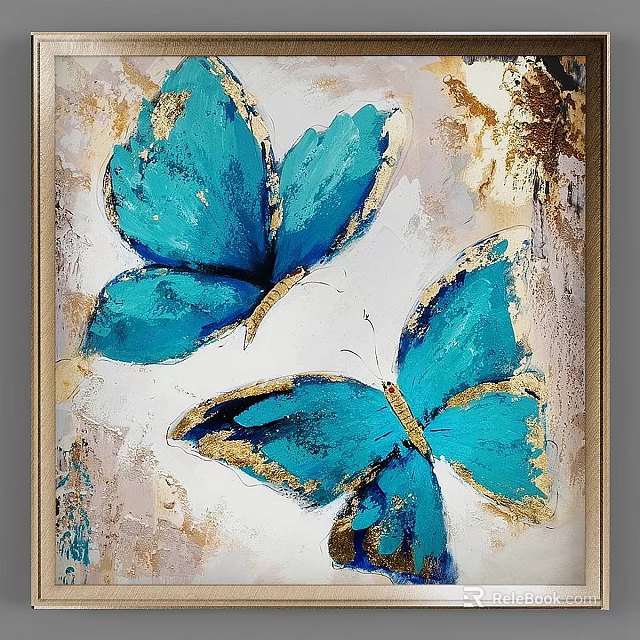 Artistic Picture Frame Featuring Blue Butterflies With Gold Edges And Textured Background 3d model 