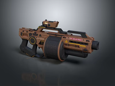 Futuristic Sci Fi Weapon With Scope Yellow Ring Red Text And Brown Black Design 3d model