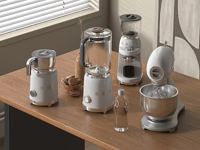 Modern Kitchen Appliances Collection Featuring Blender Mixer and Grinder on Wooden Table 3d model