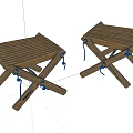 Wooden Folding Stools With Slatted Seat Crossed Legs And Blue Rope Fasteners