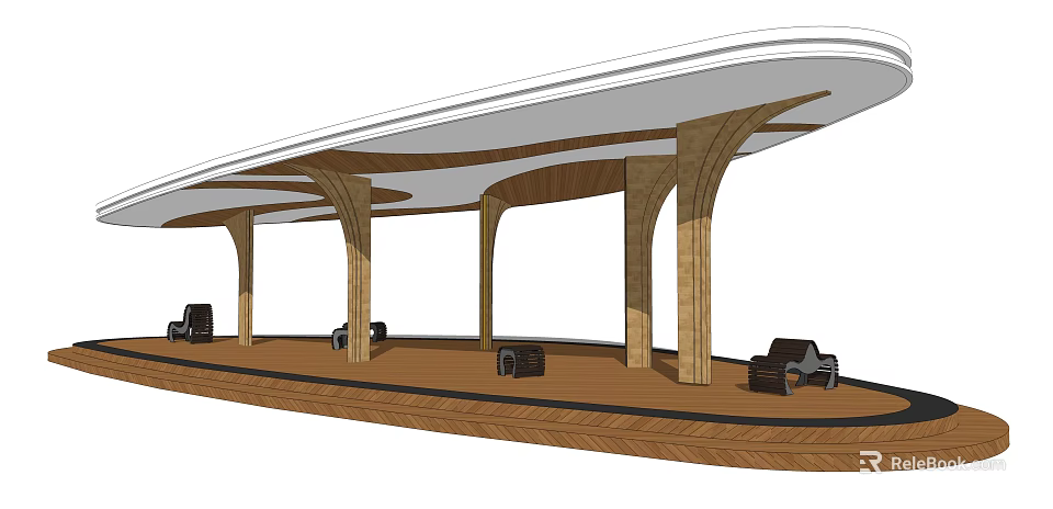 Modern Pergola Design With Curved Wooden Roof Support Columns And Outdoor Seating 3d model 