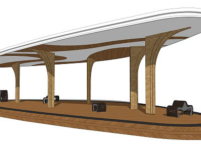 Modern Pergola Design With Curved Wooden Roof Support Columns And Outdoor Seating 3d model