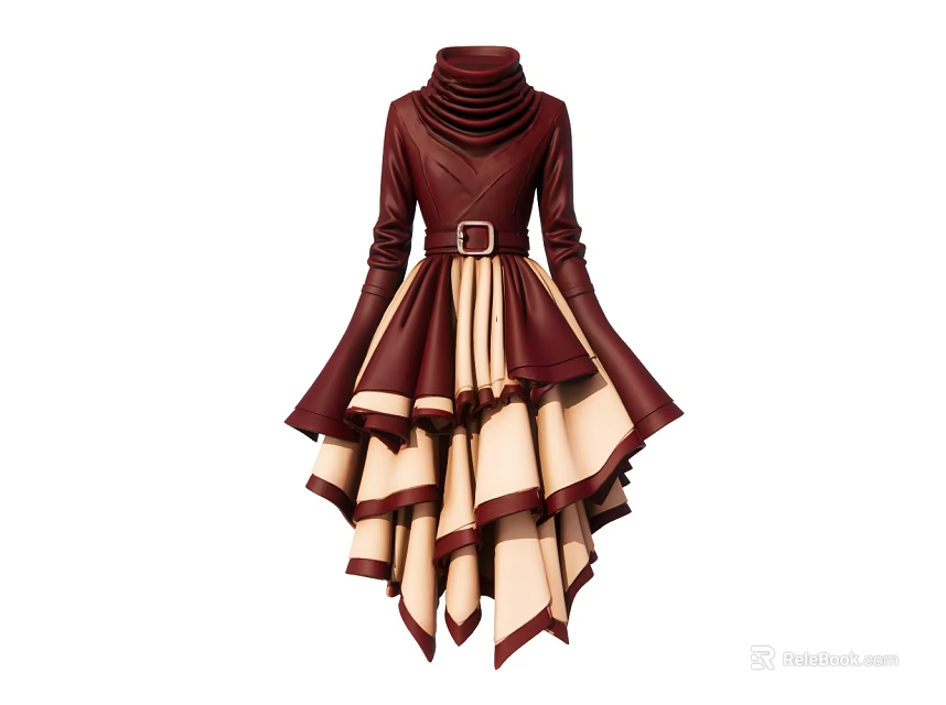 Burgundy High Neck Dress With Belted Waist And Cream Layered Asymmetrical Hem 3d model 