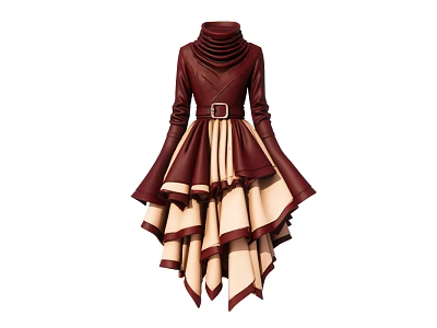 Burgundy High Neck Dress With Belted Waist And Cream Layered Asymmetrical Hem 3d model