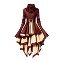 Burgundy High Neck Dress With Belted Waist And Cream Layered Asymmetrical Hem