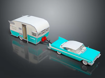 Vintage Blue And White Car Towing Retro Trailer With Reflective Surface 3d model