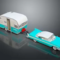 Vintage Blue And White Car Towing Retro Trailer With Reflective Surface