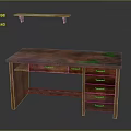 Wooden Desk With Colorful Patterned Top Drawers And Floating Wall Shelf