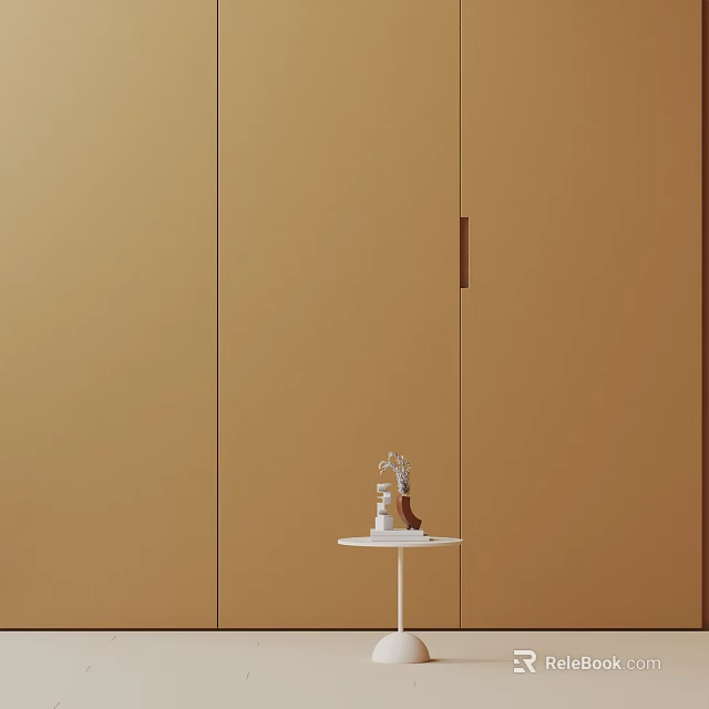 Minimalist White Side Table With Slim Base And Small Decorations In Brown Interior 3d model