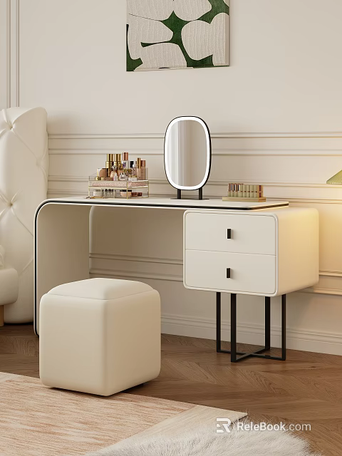 Modern White Dressing Table With Round Mirror Cosmetics Drawers And Stool 3d model 