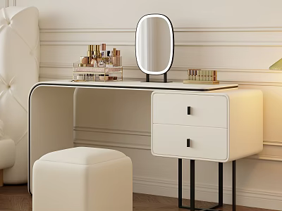 Modern White Dressing Table With Round Mirror Cosmetics Drawers And Stool 3d model
