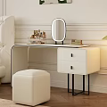 Modern White Dressing Table With Round Mirror Cosmetics Drawers And Stool 3d model