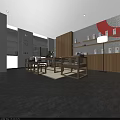 Modern Tobacco And Liquor Store Interior With Wooden Ceiling Shelves And Red Display Cabinets