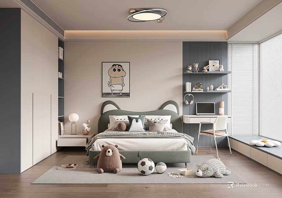 Modern Kids Bedroom Interior With Cartoon Bed Plush Toys And Desk 3d model 