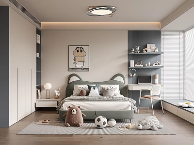 Modern Kids Bedroom Interior With Cartoon Bed Plush Toys And Desk 3d model