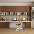Modern Study Room Interior With Brown Cabinets Bookshelves Writing Desk And Table Lamp