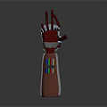 Red Mechanical Character With Metallic Arm Featuring Jointed Fingers And Colorful Striped Cylindrical Base