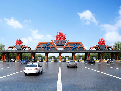Entrance Gate with Red Flame Decorations on Road with Cars Blue Sky and Trees 3d model