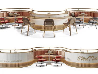 Public Chair Design With Curved Wooden Seating And Tables For Casual Public Area 3d model