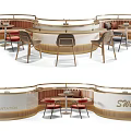Public Chair Design With Curved Wooden Seating And Tables For Casual Public Area
