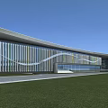 Modern Museum Building Featuring Wavy Striped Glass Facade Green Lawn and Plaza Under Blue Sky