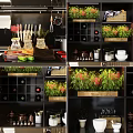 Modern Kitchen Countertop With Black Shelves Wicker Baskets Green Plants And Cooking Utensils