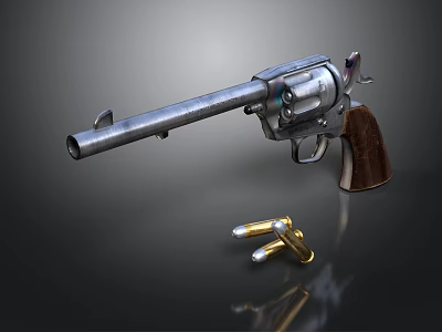 Revolver With Wooden Grip And Metal Body Displayed With Golden Bullets On Dark Surface 3d model