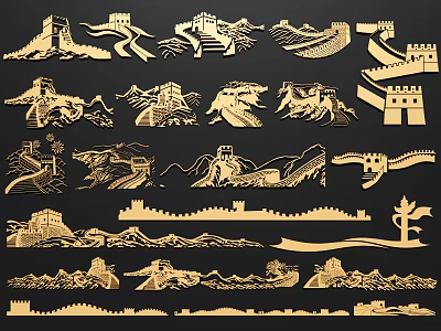 Wooden Great Wall Themed Wall Hangings With Various Carved Patterns And Artistic Design 3d model