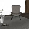 Modern Beige Leisure Chair With Black Metal Frame Round Rug And Side Table Plant