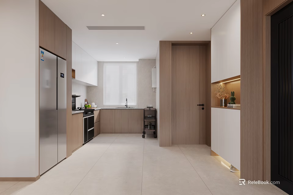 Bright Modern Kitchen Interior With Wooden White Cabinets Refrigerator Stove And Window 3d model 