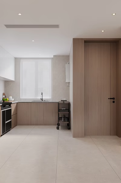 Bright Modern Kitchen Interior With Wooden White Cabinets Refrigerator Stove And Window 3d model