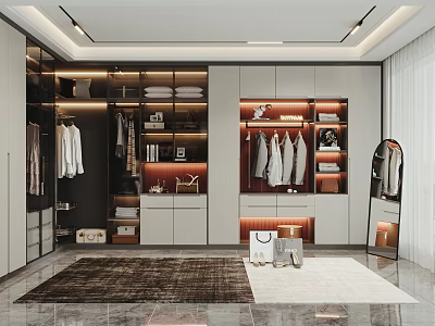 Modern Walk in Closet Interior With Organized Storage Hanging Clothes And Mirror 3d model