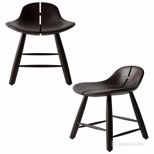 Modern Minimalist Bar Stools With Wooden Legs And Curved Leather Seat 3d model 