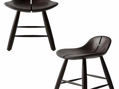 Modern Minimalist Bar Stools With Wooden Legs And Curved Leather Seat 3d model