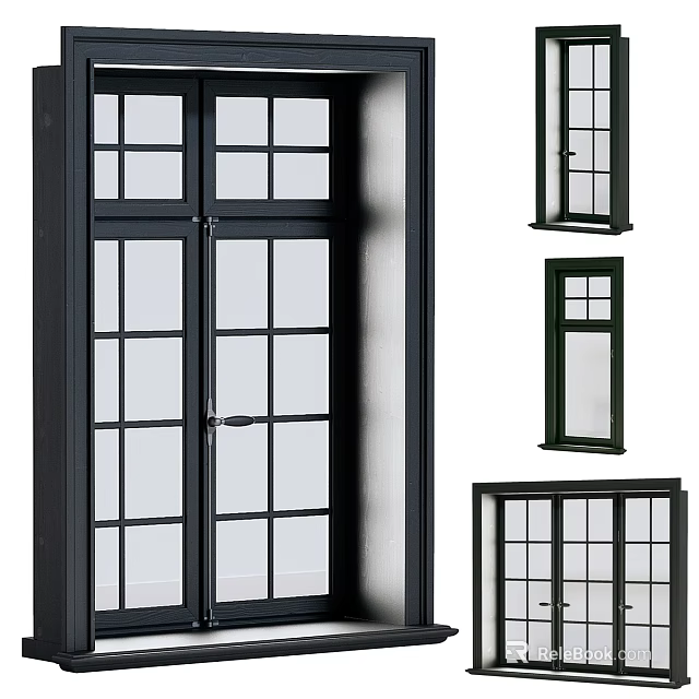 Modern Black Frame Windows And Doors With Grid Glass Design For Home 3d model 
