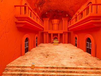 Red Interior With Arched Doors Stone Floor Stairs And Balconies 3d model