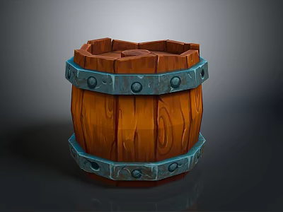 Rustic Decorative Wooden Barrel With Teal Metal Hoops And Textured Surface 3d model