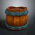 Rustic Decorative Wooden Barrel With Teal Metal Hoops And Textured Surface