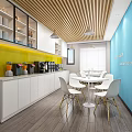 Modern Office Pantry Interior With Blue Walls White Cabinets Coffee Machines And Golden Leg Chairs