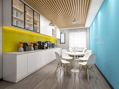 Modern Office Pantry Interior With Blue Walls White Cabinets Coffee Machines And Golden Leg Chairs 3d model