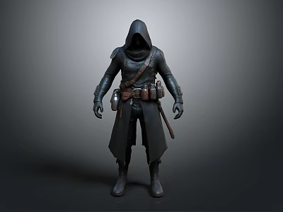 Mysterious Man In Hooded Cloak With Leather Belt Pouches And Dark Outfit 3d model