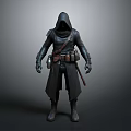 Mysterious Man In Hooded Cloak With Leather Belt Pouches And Dark Outfit