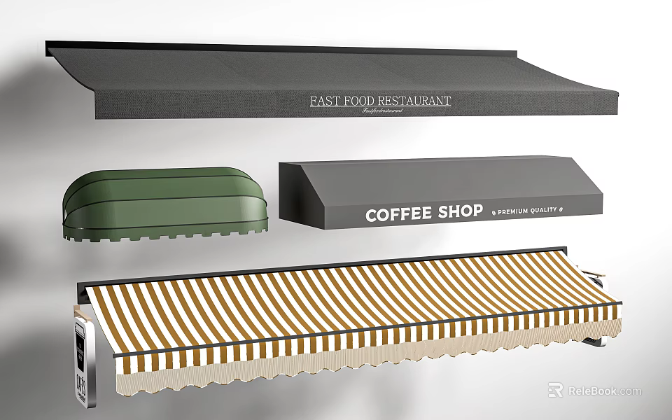 Commercial Awnings For Fastfood Restaurant And Coffee Shop With Green And Striped Styles 3d model 