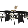 Black Rectangular Dining Table Set With White Seat Black Frame Chairs And Decorative Vase 3d model