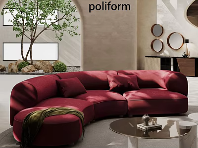Curved Red Sofa with Cushions Round Coffee Table and Green Plant in Modern Living Room 3d model