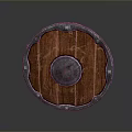 Vintage Wooden Shield With Metal Rim And Central Metal Boss Design