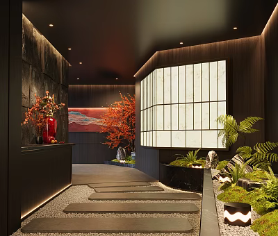 Modern Hotel Corridor With White Shoji Screen Green Plants Stone Flooring And Recessed Lighting 3d model
