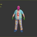 Bald Man Wearing Blue Jacket With Red Design And Blue Pants With Yellow Patterns