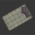 Wooden Bed Frame With Carved Headboard Plaid Bedspread And Purple Plaid Pillows