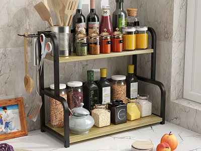 Two Tier Kitchen Rack With Spices Jars Bottles And Utensils 3d model